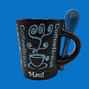 My Café Maui Coffee Break Mug Black Blue Ceramic Cup w/ Spoon Hawaii Souvenir